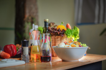 Obraz na płótnie Canvas assorted salad bowl with side dishes along on the table prepare by chef in the kitchen, ready to serving in new and fresh for breakfast