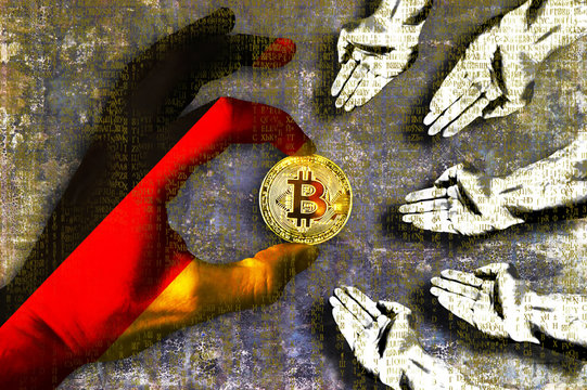 Bitcoin cryptocurrency Germany flag Golden Coin of Bitcoin in the German flag hand giving coin in to hands of poor people Grunge background with binary code of matrix effect