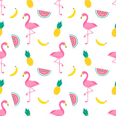 Pattern with Flamingo birds and fruits