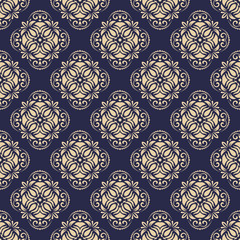 Floral vector blue and golden ornament. Seamless abstract classic background with flowers. Pattern with repeating floral elements. Ornament for fabric, wallpaper and packaging