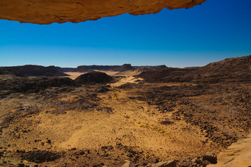 Fototapeta premium Aerial panoramic view to El Berdj mountain and erg gorge in Tassili nAjjer national park, Algeria