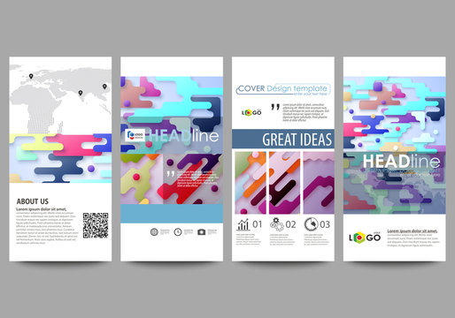 Flyers set, modern banners. Business templates. Cover design template, abstract vector layouts. Bright color lines and dots, colorful minimalist backdrop with geometric shapes, minimalistic background