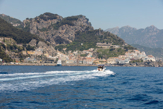 Amalfi seen from the sea on Amalfi Coast in the region Campania, Italy