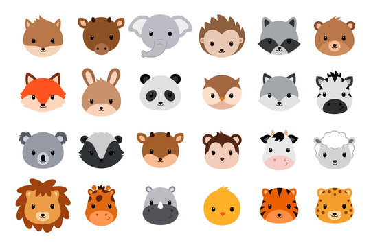 Cute animal heads collection. Flat style.