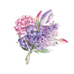 Hand painted floral composition. Watercolor botanical illustration of tulip, anemones, hydrangea flowers and leaves bouquet. Natural decorative object isolated on white background