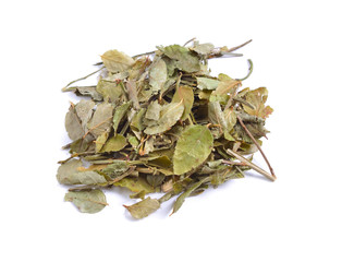 Dried medicinal herbs raw materials isolated on white. Leaves of Vaccinium myrtillus