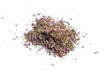 Dried medicinal herbs raw materials isolated on white. Flowers of Calluna