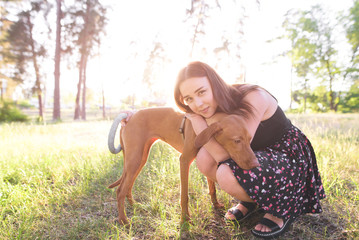 Cute girl hugs a young beautiful dog against the backdrop of a park on a sunny summer day and looks at the camera. Portrait of a dog and owner in the park. Hugs with a pet