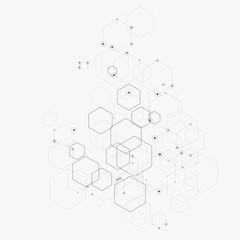 Abstract vector illustration with hexagons, lines and dots on white background. Hexagon infographic. Digital technology, science or medical concept. Hexagonal geometric vector background.
