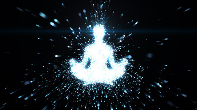 Meditating female figure radiating energy in space illustrating mindfulness