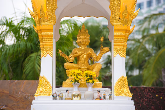 PATTAYA, THAILAND - JANUARY 7, 2017: Beautiful golden Brahma statue. Pattaya, Thailand. Close-up.