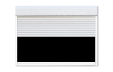 Obraz premium Opened white roller shutter garage window isolated on white background