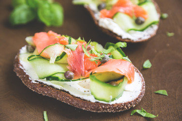Sandwich with cream cheese cucumber and salmon