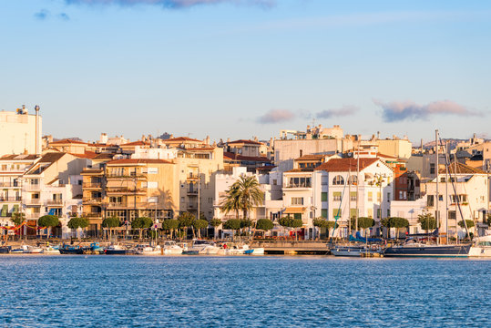 CAMBRILS, SPAIN - SEPTEMBER 16, 2017: View of port and museu d'Hist'ria de Cambrils - Torre del Port. Copy space for text.