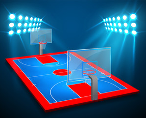 An illustration of perspective Basketball arena field with bright stadium lights design. Vector EPS 10. Room for copy