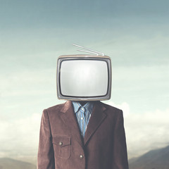 surreal addicted man with television on his head