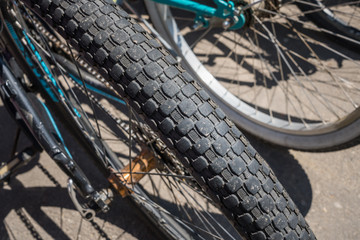 The queue of bicycles. Wheels of bicycles. texture. background