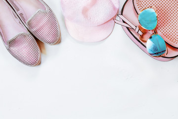 Women's fashion accessories. Pastel colors Trend. Flatlay