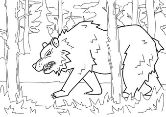 Fototapeta premium Angry bear walking through the wild forest. Contour vector illustration for coloring book, cartoon style. Horizontal