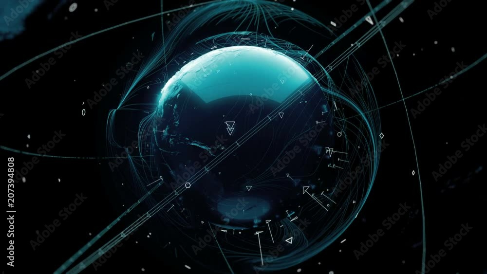 Poster 3d render of globe. digital background with planet surrounded with particles and arcs. technology co