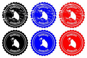 Barbuda - rubber stamp - vector, Antigua and Barbuda map pattern - sticker - black, blue and red