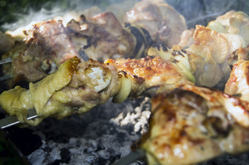 Shish kebab with chicken meat on grill