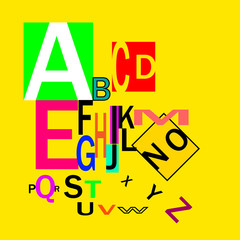 Typography for headings, posters, logos, etc. Decorative English alphabet. Inclined letters of different size and color on a background of yellow