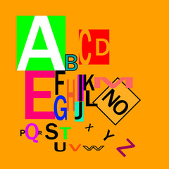 Typography for headings, posters, logos, etc. Decorative English alphabet. Inclined letters of different size and color on an orange background