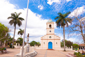 VINALES, CUBA - MAY 13, 2017: View of the church in the town square. Copy space for text.