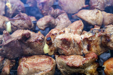 Appetizing shish kebabs in the smoke, preparing on the grill