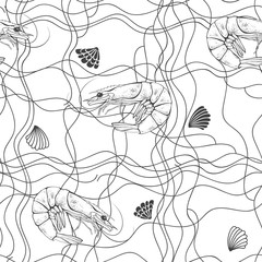 Seamless  pattern with shrimps and seashells on white background. Vector Illustration.Black-and-white  drawing.