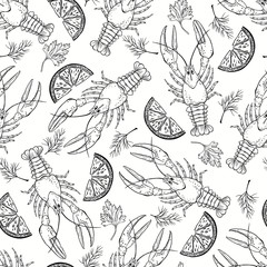 Seamless  pattern with crayfish, parsley, dill and lemon slices on white background. Black and white food vector Illustration.