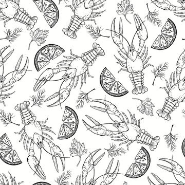 Seamless  pattern with crayfish, parsley, dill and lemon slices on white background. Black and white food vector Illustration.