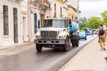 CUBA, HAVANA - MAY 5, 2017: American retro truck on city street. Copy space for text.