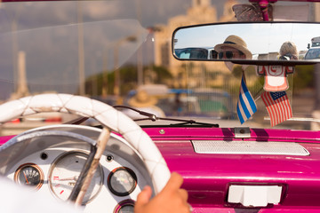 CUBA, HAVANA - MAY 5, 2017: Salon pink american cabriolet, Cuba, Havana. Close-up.