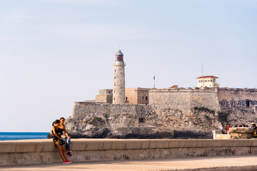 CUBA, HAVANA - MAY 5, 2017: El Morro Lighthouse and Fortress in Havana Cuba. Copy space for text.