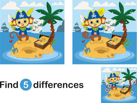 Find 5 differences education game for children, pirate monkey on the island. Vector illustration.
