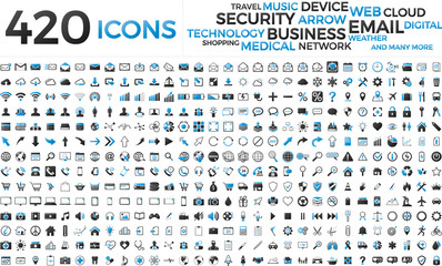 Black and blue web business technology icons set - obrazy, fototapety, plakaty