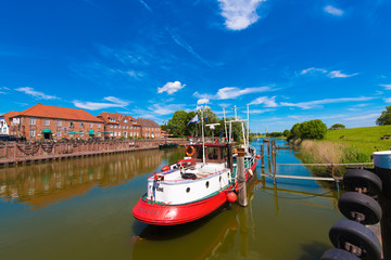 HOOKSIEL, WANGERLAND, GERMANY - JUNE 11, 2017: Old port. Copy space for text.