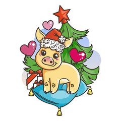 Happy New 2019 Year card with cartoon golden baby pig. Small symbol of holiday.