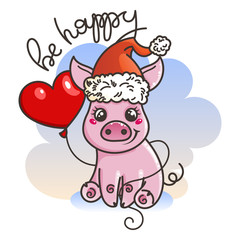Happy New 2019 Year card with cartoon baby pig. Small symbol of holiday.