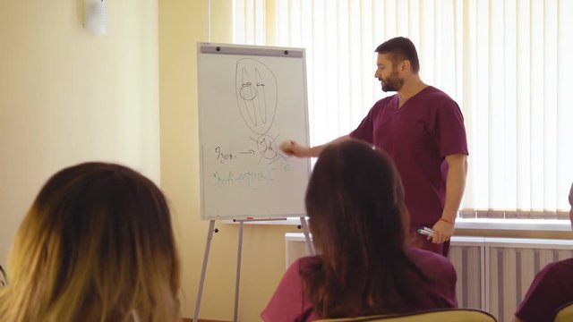 professional doctors at the meeting. the head physician conducts the presentation in front of the audience. a small classroom. HD