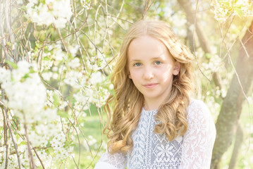 portrait of a beautiful girl in a blooming apple orchard