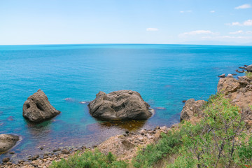 Sea and rocks amazing horizontal landscape. Colorful background, travelling concept.