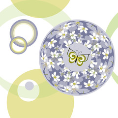 Vector seamless abstract wedding pattern with decorative yellow butterfly in a circle with a floral pattern in pastel colors on a background of circles and rings.