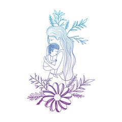 mother lifting son with floral decoration vector illustration design