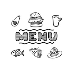 Hand drawn menu for cafe with food. Sketch concept illustration.