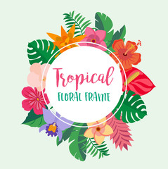 Tropical floral frame with flowers and leaves - vector illustration design template