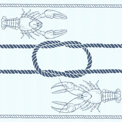 Card with frame, marine knots, ropes and crayfish. Vector illustration.