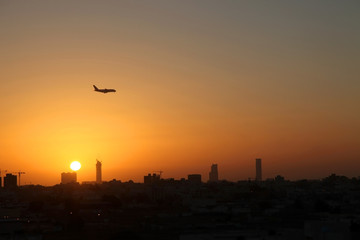 Evening sky with buildings silhouettes, Twilight sky background on cityscape in Jeddah Saudi Arabia, with copy space